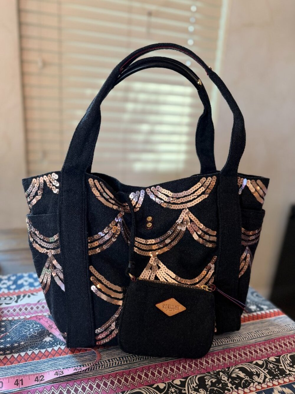 MZ Wallace Wave Sequin Ava Tote with Pochette, Charcoal with Bronze Sequins, EUC